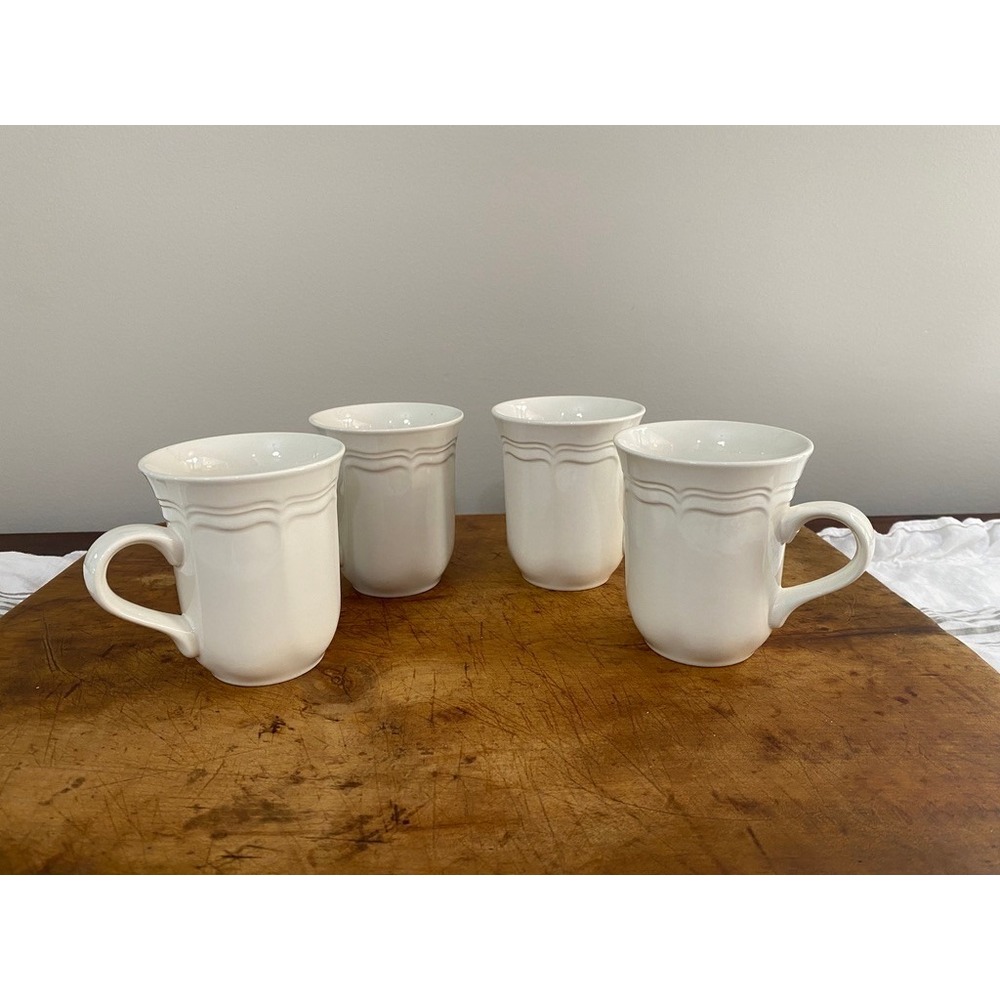 Mikasa French Countryside Off White Coffee Mugs Set 4 Scalloped Stoneware 11oz